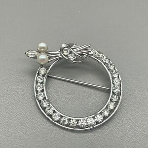 Carl Art Brooch Vintage Sterling Silver Rhinestone Faux Pearl Wreath Circle Pin